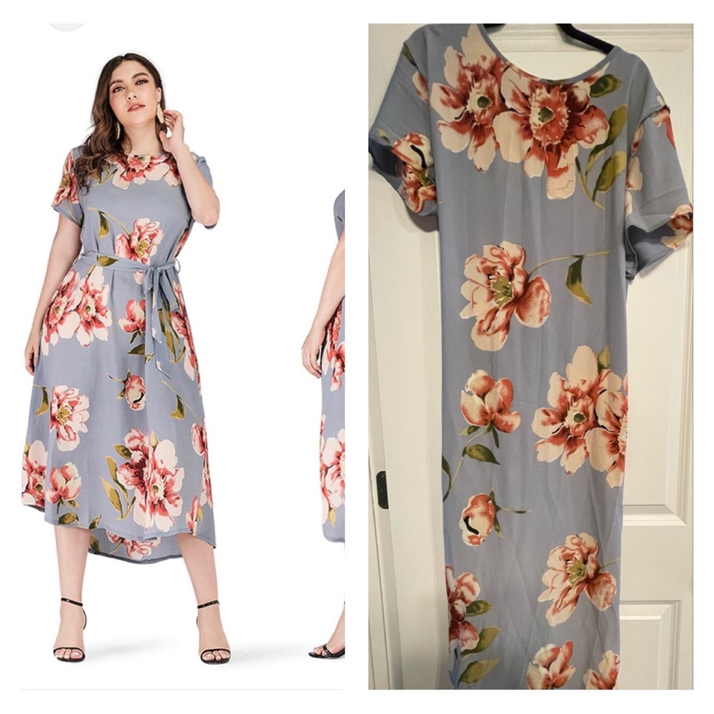 SHEIN floral blue tie waist dress, Sz. 3xl
